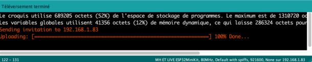 Figure 3 : Téléversement du sketch en OTA. L'IDE indique l'adresse IP puis affiche une barre de progression.