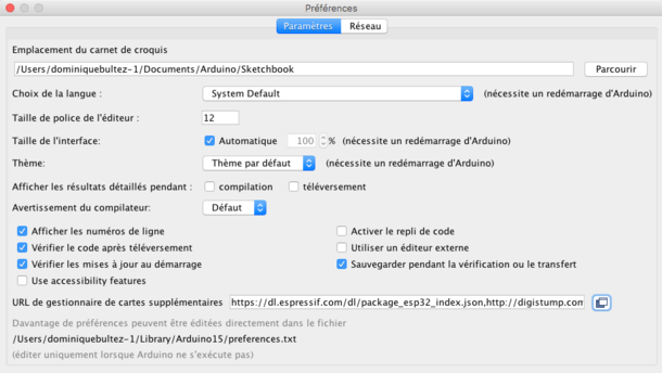 Figure 4 : Préférences de l'IDE Arduino