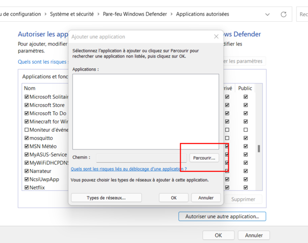 Figure 5 : Ajout d'une nouvelle application autorisée dans le pare-feu