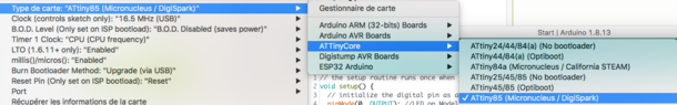 Figure 12 : choix de l'ATTiny85 Pro dans l'ATTinyCore