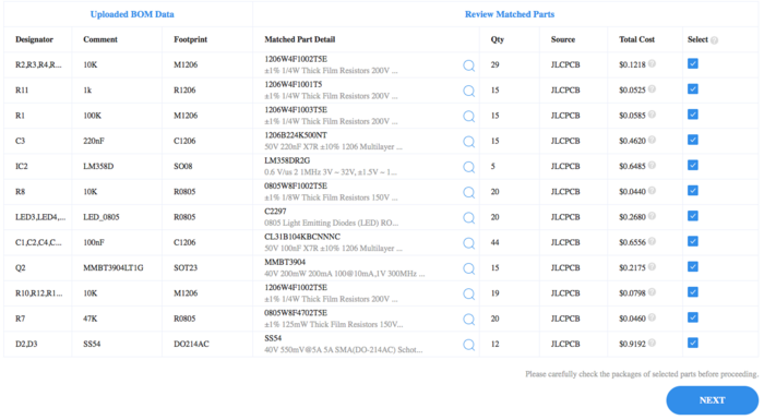 Figure 12 : liste des composants disponibles chez JLCPCB pour cette carte