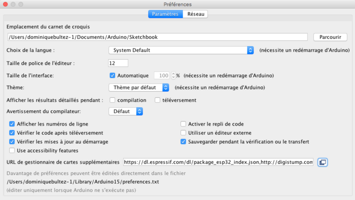 Figure 4 : Préférences de l'IDE Arduino