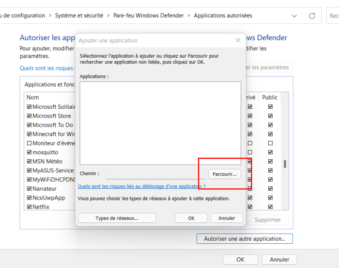 Figure 5 : Ajout d'une nouvelle application autorisée dans le pare-feu